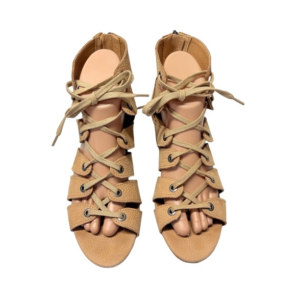 Lucky Brand Genevie Women's 7M Tan Beige Nubuck Leather Cage Lace-Up Sandals - Picture 2 of 7